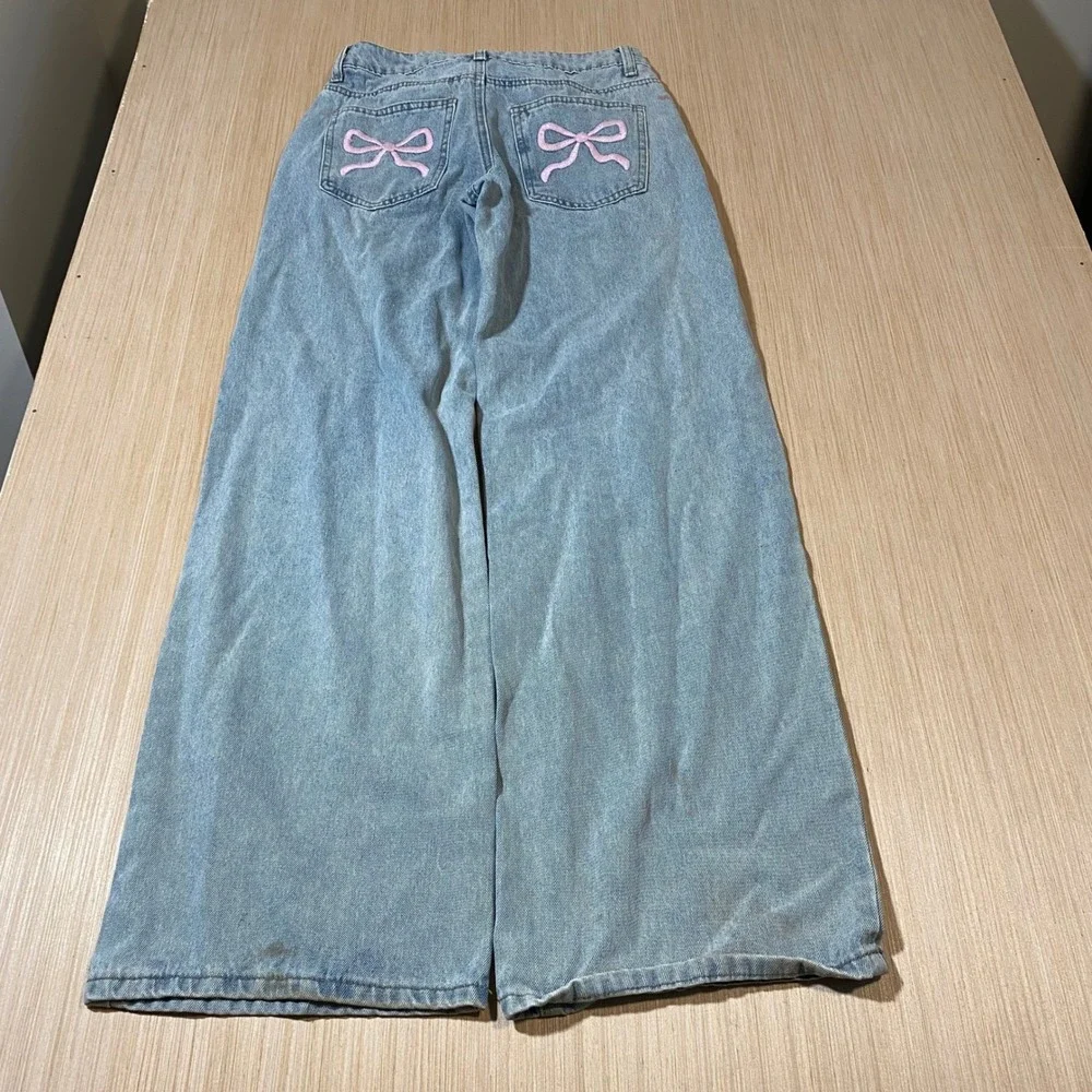 Enlisted Light Wash Wide Leg Jeans Pink Bow Embroidery High Waist Denim 28x31 - Picture 4 of 5